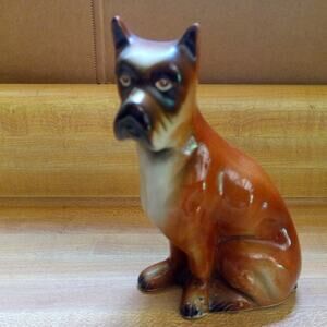 Vintage Brazil Ceramic Pottery Brown & Black Boxer Puppy Dog Figurine Statue